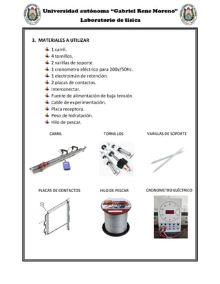3. MATERIALES A UTILIZAR
1 carril.
4 tornillos.
2 varillas de soporte.
1 cronometro eléctrico para 200v/50Hz.
1 electroimán de retención.
2 placas de contactos.
Interconectar.
Fuente de alimentación de baja tensión.
Cable de experimentación.
Placa receptora.
Peso de hidratación.
Hilo de pescar.
CARRIL TORNILLOS VARILLAS DE SOPORTE
CRONOMETRO ELÉCTRICO
PLACAS DE CONTACTOS HILO DE PESCAR
 