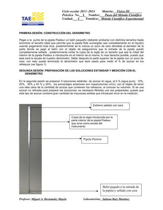 Ciclo escolar 2013 -2014 Materia:__Física III________
Práctica No.__1_ Nombre:___Pasos del Método Cientifico
Unidad:___I___ Temática:_ Método Científico Experimental
PRIMERA SESIÓN: CONSTRUCCIÓN DEL DENSÍMETRO
Pegar a la punta de la pipeta Pasteur un balín pequeño (deberán probarse con distintos tamaños hasta
encontrar el tamaño ideal que permita que la pipeta flote sumergida casi completamente en el líquido)
usando pegamento kola loca, posteriormente se le coloca un poco de cera derretida al derredor de la
parte donde se pegó el balín con el objeto de asegurarnos que la entrada de la pipeta quedó
completamente sellada , posteriormente cortar la copia de la regla de un tamaño que sea la mitad del
interior de la pipeta Pasteur e introducirla en el interior de la misma, lo mas derecha posible, puesto que
ésta será la escala de nuestro densímetro. Sellar después la parte superior de la pipeta con un poco de
cera, con esto queda terminado el densímetro que será usado para medir el % de azúcar en los
refrescos (ver figura 1)
SEGUNDA SESIÓN: PREPARACIÓN DE LAS SOLUCIONES ESTÁNDAR Y MEDICIÓN CON EL
DENSÍMETRO
En la segunda sesión se preparan 5 soluciones estándar de azúcar en agua, al 0 % (agua pura), 10%,
20%, 30% y 40 % y 50%, los porcentajes anteriores son masa/volumen (m/v), con el objeto de tener
una idea clara de la cantidad de azúcar que contienen los refrescos, al conocer su volumen. Si se usa
azúcar no refinada para preparar las soluciones, es necesario filtrarlas una vez preparadas, puesto que
este tipo de azúcar contiene gran cantidad de impurezas sólidas que introducen error en la medición.
Profesor: Miguel A. Hernández Mayén Laboratorista:_Juliana Ruiz Martinez
Extremo sellado con cera
Copia de la regla introducida por la
parte interior de la pipeta Pasteur
que sirve como escala del
instrumento
Pipeta Pasteur
Balín pegado a la entrada de
la pipeta y sellado con cera
 