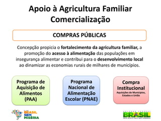 Apoio à Agricultura Familiar 
Comercialização 
COMPRAS PÚBLICAS 
Programa de Aquisição de Alimentos (PAA) 
Programa Nacional de Alimentação Escolar (PNAE) 
Compra Institucional Aquisições de Municípios, Estados e União 
Concepção propicia o fortalecimento da agricultura familiar, a promoção do acesso à alimentação das populações em insegurança alimentar e contribui para o desenvolvimento local ao dinamizar as economias rurais de milhares de municípios.  