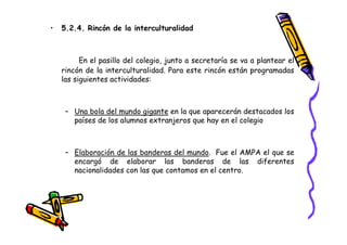 •   5.2.4. Rincón de la interculturalidad



          En el pasillo del colegio, junto a secretaría se va a plantear el
    rincón de la interculturalidad. Para este rincón están programadas
    las siguientes actividades:



     – Una bola del mundo gigante en la que aparecerán destacados los
       países de los alumnos extranjeros que hay en el colegio



     – Elaboración de las banderas del mundo. Fue el AMPA el que se
       encargó de elaborar las banderas de las diferentes
       nacionalidades con las que contamos en el centro.
 