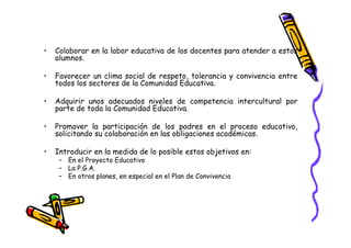 •   Colaborar en la labor educativa de los docentes para atender a estos
    alumnos.

•   Favorecer un clima social de respeto, tolerancia y convivencia entre
    todos los sectores de la Comunidad Educativa.

•   Adquirir unos adecuados niveles de competencia intercultural por
    parte de toda la Comunidad Educativa.

•   Promover la participación de los padres en el proceso educativo,
    solicitando su colaboración en las obligaciones académicas.

•   Introducir en la medida de lo posible estos objetivos en:
     – En el Proyecto Educativo
     – La P.G.A.
     – En otros planes, en especial en el Plan de Convivencia
 