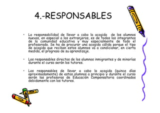 4.-RESPONSABLES

•   La responsabilidad de llevar a cabo la acogida de los alumnos
    nuevos, en especial a los extranjeros, es de todos los integrantes
    de la comunidad educativa y muy especialmente de todo el
    profesorado. Se ha de procurar una acogida cálida porque el tipo
    de acogida que reciban estos alumnos va a condicionar, en cierta
    medida, el progreso de su aprendizaje.

•   Los responsables directos de los alumnos inmigrantes y de minorías
    durante el curso serán los tutores.

•   Los responsables de llevar a cabo la acogida (quince días
    aproximadamente) de estos alumnos a principio y durante el curso
    serán las profesoras de Educación Compensatoria coordinados
    debidamente con los tutores.
 