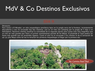 MdV & Co Destinos Exclusivos
                                                   DÍA 9
Desayuno.
Para visitar a El Mirador, un sitio arqueológico preclásica lejos en la jungla cerca de la frontera, recientemente
descubierta y casi no excavado hay dos maneras, uno es un trek con camping por la jungla de 5 días o en
helicóptero. Nuestros clientes tendrían la comodidad de la segunda opción para visitar este sitio magniﬁco que
se cree ser más grande que Tikal y el primer asentamiento grande de los Mayas. El pirámide el Tigre podría ser
hasta más grande que las pirámides Egiptos. Como el sitio no es excavado a los clientes le da la sensación de
ver un sitio Maya como tal vez lo mirarían los primeros Arqueólogos al llegar por la primera vez.




                                                                                   Ver Camino Real Tikal
 