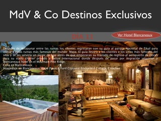 MdV & Co Destinos Exclusivos
                                                                                  Ver Hotel Blancaneaux
                                                 DÍA 11
Después de desayunar entre las ruinas los clientes regresaran con su guía al parque Nacional de Tikal para
visitar a estas ruinas más famosas del mundo  Maya. El guía llevara a los clientes a los sitios más famosos del
sitio y se les serviría un picnic de lujo antes de que empezaran su traslado de regreso al aeropuerto de Flores
para su vuelo chárter privado a Belize Internacional donde después de pasar por migración seguirían a
Blancaneaux hotel en el Mountain Pine Ridge.
Cena en Blancaneaux
Hospedaje en Blancaneaux Hotel (Francis Ford Coppola) Enchanted Cottage 2 noches
 