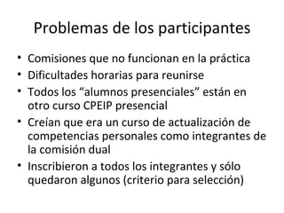 Problemas de los participantes Comisiones que no funcionan en la práctica Dificultades horarias para reunirse Todos los “alumnos presenciales” están en otro curso CPEIP presencial Creían que era un curso de actualización de competencias personales como integrantes de la comisión dual Inscribieron a todos los integrantes y sólo quedaron algunos (criterio para selección) 