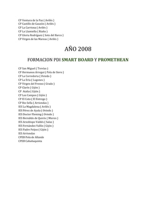 CP Ventura de la Paz ( Avilés )
CP Castillo de Gauzón ( Avilés )
CP La Carriona ( Avilés )
CP La Llamiella ( Riaño )
CP Gloria Rodríguez ( Soto del Barco )
CP Virgen de las Mareas ( Avilés )


                                         AÑO 2008
       FORMACION PDI SMART BOARD Y PROMETHEAN
CP San Miguel ( Trevías )
CP Hermanos Arregui ( Pola de Siero )
CP La Corredoria ( Oviedo )
CP La Ería ( Lugones )
CP Virgen del Fresno ( Grado )
CP Clarín ( Gijón )
CP Atalia ( Gijón )
CP Los Campos ( Gijón )
CP El Coto ( El Entrego )
CP Rio Sella ( Arriondas )
IES La Magdalena ( Avilés )
IES Pérez de Ayala ( Oviedo )
IES Doctor Fleming ( Oviedo )
IES Bernáldo de Quirós ( Mieres )
IES Arzobispo Valdés ( Salas )
IES Fernández Vallín ( Gijón )
IES Padre Feijoo ( Gijón )
IES Arriondas
CPEB Pola de Allande
CPEB Cabañaquinta
 