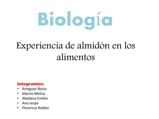 Experiencia de almidón en los
alimentos
Biología
Integrantes:
• Arreguez Rocío
• Marcio Melisa
• Maidana Emilse
• Ana serpa
• Florencia Roldan
 