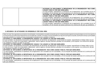 ACTIVIDAD 3A: EXPLICAMOS LA IMPORTANCIA DE LA ORGANIZACIÓN INCA COMO
LEGADO PARA EL PAÍS QUE ANHELAMOS.
En esta actividad, explicaremos la importancia de la organización de la sociedad inca en la
actualidad, a fin de rescatar las buenas prácticas en la construcción del país que anhelamos.
ACTIVIDAD 3B: EXPLICAMOS LA IMPORTANCIA DE LA ORGANIZACIÓN INCA COMO
LEGADO PARA EL PAÍS QUE ANHELAMOS.
En esta actividad, explicaremos la importancia de la organización de la sociedad inca en la
actualidad, a fin de rescatar las buenas prácticas en la construcción del país que anhelamos.
ACTIVIDAD 3C: EXPLICAMOS LA IMPORTANCIA DE LA ORGANIZACIÓN INCA COMO
LEGADO PARA EL PAÍS QUE ANHELAMOS.
En esta actividad, explicaremos la importancia de la organización de la sociedad inca en la
actualidad, a fin de rescatar las buenas prácticas en la construcción del país que anhelamos.
6.-SECUENCIA DE ACTIVIDADES DE APRENDIZAJE POR CADA ÁREA
Antes de iniciar:Nos organizamos yconocemos las actividades.Los estudiantes conocerán la situación que los motivará durante la experiencia de aprendizaje,asícomo el p ropósito y
el producto final que evidenciará el desarrollo de sus competencias.También,conocerán la ruta de actividades que segu irán paralograr el propósito,planificarán el tiempo queemplearán
para cada actividad en un horario semanal y reconocerán la importancia de su portafolio a través de:
ACTIVIDAD 2 A: ANALIZAMOS LA ORGANIZACIÓN INCAICA Y SU LEGADO AL PAÍS QUE ANHELAMOS.
En esta actividad, los estudiantes reconocerán las características de las formas de organización social durante el incanato, especialmente el trabajo través de ayni,
la mita y la minca. A partir de lo descubierto, reflexionarán sobre la vigencia de estas prácticas culturales en la actualidad y cómo aportan a la construcción del país
que anhelamos pasando sus ideas en una lista.
ACTIVIDAD 2 B: ANALIZAMOS LA ORGANIZACIÓN INCAICA Y SU LEGADO AL PAÍS QUE ANHELAMOS.
En esta actividad, los estudiantes reconocerán las características de las formas de organización social durante el incanato, especialmente el trabajo través de ayni,
la mita y la minca. A partir de lo descubierto, reflexionarán sobre la vigencia de estas prácticas culturales en la actualidad y cómo aportan a la construcción del país
que anhelamos pasando sus ideas en una lista.
ACTIVIDAD 3A: EXPLICAMOS LA IMPORTANCIA DE LA ORGANIZACIÓN INCA COMO LEGADO PARA EL PAÍS QUE ANHELAMOS.
En esta actividad, explicaremos la importancia de la organización de la sociedad inca en la actualidad, a fin de rescatar las buenas prácticas en la construcción del
país que anhelamos.
ACTIVIDAD 3B: EXPLICAMOS LA IMPORTANCIA DE LA ORGANIZACIÓN INCA COMO LEGADO PARA EL PAÍS QUE ANHELAMOS.
En esta actividad, explicaremos la importancia de la organización de la sociedad inca en la actualidad, a fin de rescatar las buenas prácticas en la construcción del
país que anhelamos.
ACTIVIDAD 3C: EXPLICAMOS LA IMPORTANCIA DE LA ORGANIZACIÓN INCA COMO LEGADO PARA EL PAÍS QUE ANHELAMOS.
En esta actividad, explicaremos la importancia de la organización de la sociedad inca en la actualidad, a fin de rescatar las buenas prácticas en la construcción del
país que anhelamos.
 