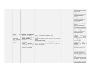 mares.pdf?version=1.0&t=15
57864114423
https://www.ecoembes.com/
sites/default/files/educaenec
o/reciclar-primaria-6-a-8-
anos.pdf
https://www.ecoembes.com/
sites/default/files/guia-con-
contenedor-residuos-
organicos.pdf
http://www.minedu.gob.pe/e
ducacion-
ambiental/ambiental.php
https://gestion.pe/peru/recicl
aje-y-separacion-de-residuos-
solido-sera-obligatorio-en-los-
hogares-anuncia-ministra-
munoz-nndc-noticia/
Diseña y
construye
soluciones
tecnológicas
para resolver
problemas de su
entorno.
 Determina una alternativa
de solución tecnológica
 Diseña la alternativa de
solución tecnológica
 Implementa y valida la
alternativa de solución
tecnológica
Evalúa y comunica el
funcionamiento y los
impactos de su alternativa
de solución tecnológica
Sesión N° 03: Elaboramos compost en familia
PROPÓSITO:
Aprendemos a elaborar compost a partir del uso de residuos
sólidos
DESCRIPCIÓN DE LA SESIÓN
En esta sesión los estudiantes explican y elaboran compost a
partir de los residuos sólidos generados en su hogar, como
buena práctica familiar.
Programa curricular de
Educación Primaria.
http://www.minedu.gob.pe/c
urriculo/pdf/programa-nivel-
primaria-ebr.pdf
Orientaciones para la
enseñanza de Ciencia y
Tecnología.
http://repositorio.minedu.gob
.pe/handle/MINEDU/6399
https://www.gob.pe/instituci
on/minam/noticias/26387-
conoce-los-pasos-para-hacer-
compostaje-facilmente-en-tu-
casa
http://www.resol.com.br/cart
ilhas/manual_de_compostaje.
pdf
http://www.factoria3.com/do
cumentos/Manual%20basico
 