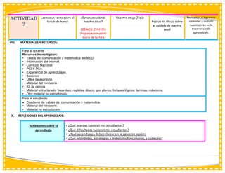 ACTIVIDAD
2
Leemos un texto sobre el
lavado de manos
¿Estamos cuidando
nuestra salud?
LEEMOS JUNTOS
Preparamos nuestro
diario de lectura
Nuestro amigo Jesús
Realizo mi dibujo sobre
el cuidado de nuestra
salud
Revisamos si logramos
aprender y cumplir
nuestro reto en la
experiencia de
aprendizaje.
VIII. MATERIALES Y RECURSOS:
Para el docente
Recursos tecnológicos:
• Textos de: comunicación y matemática del MED.
• Información del internet.
• Currículo Nacional
• PCI Y PCA
• Experiencia de aprendizajes
• Sesiones
• Útiles de escritorio
• Material del ministerio
• Kit de ciencia
• Material estructurado: base diez, regletas, ábaco, geo planos, bloques lógicos, laminas, máscaras,
• Otro material no estructurado.
Para el estudiante
 Cuaderno de trabajo de: comunicación y matemática.
• Material del ministerio
• Material no estructurado.
IX. REFLEXIONES DEL APRENDIZAJE:
Reflexiones sobre el
aprendizaje
 ¿Qué avances tuvieron mis estudiantes?
 ¿Qué dificultades tuvieron mis estudiantes?
 ¿Qué aprendizajes debo reforzar en la siguiente sesión?
 ¿Qué actividades, estrategias y materiales funcionaron, y cuáles no?
 