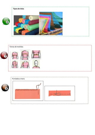 Tipos de telas
Tomas de medidas
Puntadasa mano
 