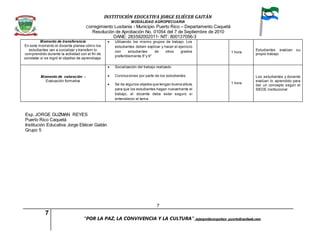 INSTITUCIÓN EDUCATIVA JORGE ELIÉCER GAITÁN
MODALIDAD AGROPECUARIA
Corregimiento Lusitania - Municipio Puerto Rico – Departamento Caquetá
Resolución de Aprobación No. 01054 del 7 de Septiembre de 2010
DANE: 283592002011- NIT: 800137056-3
7
7
“POR LA PAZ, LA CONVIVENCIA Y LA CULTURA” iejorgeeliecergaitan_puerto@outlook.com
Momento de transferencia
En este momento el docente planea cómo los
estudiantes van a socializar y transferir lo
comprendido durante la actividad con el fin de
constatar si se logró el objetivo de aprendizaje.
 Utilizando los mismo grupos de trabajo. Los
estudiantes deben explicar y hacer el ejercicio
con estudiantes de otros grados
preferiblemente 8°y 9°
1 hora
Estudiantes evalúan su
propio trabajo
Momento de valoración -
Evaluación formativa
 Socialización del trabajo realizado
 Conclusiones por parte de los estudiantes.
 Se da algunos objetos que tengan buena altura,
para que los estudiantes hagan nuevamente el
trabajo, el docente debe estar seguro si
entendieron el tema.
1 hora
Los estudiantes y docente
evalúan lo aprendido para
dar un concepto según el
SIEDE institucional
Esp. JORGE GUZMAN REYES
Puerto Rico Caquetá
Institución Educativa Jorge Eliécer Gaitán
Grupo 5
 