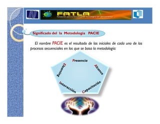 Significado del la Metodología PACIE

   El nombre PACIE es el resultado de las iníciales de cada uno de los
procesos secuenciales en los que se basa la metodología:

                          Presencia
 