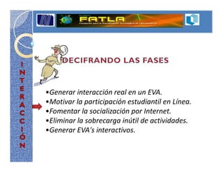 •Generar interacción real en un EVA.
•Motivar la participación estudiantil en Línea.
•Fomentar la socialización por Internet.
•Eliminar la sobrecarga inútil de actividades.
•Generar EVA's interactivos.
 