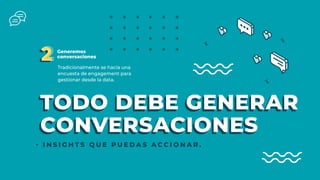 Generemos
conversaciones
22 Tradicionalmente se hacía una
encuesta de engagement para
gestionar desde la data.
- I N S I G H T S Q U E P U E D A S A C C I O N A R .
TODO DEBE GENERAR
CONVERSACIONES
TODO DEBE GENERAR
CONVERSACIONES
 