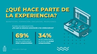 B E N E F I C I O S , F O R M A C I Ó N , E N C U E S T A S , M E D I C I O N E S
E s t u d i o G a l l u p
¿QUÉ HACE PARTE DE
LA EXPERIENCIA?
¿QUÉ HACE PARTE DE
LA EXPERIENCIA?
Si todos nos sabemos el ciclo,
¿Por qué no estamos conectando a los colaboradores?
de los CEOs piensan
que los colaboradores
están comprometidos
69%69% de los colaboradores
se sienten de verdad
comprometidos
34%34%
 
