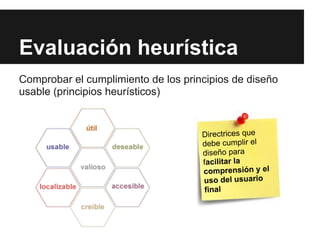 Evaluación heurística
Comprobar el cumplimiento de los principios de diseño
usable (principios heurísticos)


                                     Directrices que
                                     debe cumplir el
                                     diseño para
                                     facilitar la
                                     comprensión y el
                                     uso del usuario
                                      final
 
