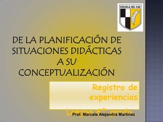 DE LA PLANIFICACIÓN DE
SITUACIONES DIDÁCTICAS
         A SU
  CONCEPTUALIZACIÓN
                      Registro de
                     experiencias
          Lengua 6° grado                .
           Prof. Marcela Alejandra Martínez
 