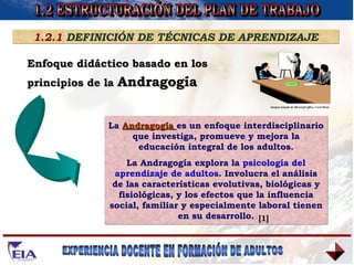 1.2 ESTRUCTURACIÓN DEL PLAN DE TRABAJO 1.2.1  DEFINICIÓN DE TÉCNICAS DE APRENDIZAJE Enfoque didáctico basado en los  principios de la  Andragogía L a  Andragogía  es un enfoque interdisciplinario que investiga, promueve y mejora la educación integral de los adultos. La Andragogía explora la  psicología del aprendizaje de adultos . Involucra el análisis de las características evolutivas, biológicas y fisiológicas, y los efectos que la influencia social, familiar y especialmente laboral tienen en su desarrollo. Imagen tomada de Microsoft office, Corel Draw  [1] 