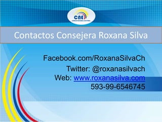 Redes Sociales:
Facebook.com/RoxanaSilvaCh
Twitter: @roxanasilvach
Web: www.roxanasilva.com
593-99-6546745
Contactos Conse...