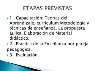  1- Capacitación: Teorías del
  Aprendizaje, currículum Metodología y
  técnicas de enseñanza. La propuesta
  áulica. Elaboración de Material
  didáctico.
 2- Práctica de la Enseñanza por pareja
pedagógica.
 3- Evaluación.
 
