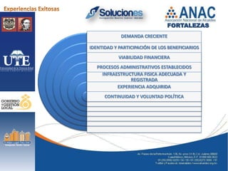 FORTALEZAS
             DEMANDA CRECIENTE

IDENTIDAD Y PARTICIPACIÓN DE LOS BENEFICIARIOS
            VIABILIDAD FINANCIERA
   PROCESOS ADMINISTRATIVOS ESTABLECIDOS
     INFRAESTRUCTURA FISICA ADECUADA Y
                REGISTRADA
           EXPERIENCIA ADQUIRIDA
      CONTINUIDAD Y VOLUNTAD POLÍTICA
 