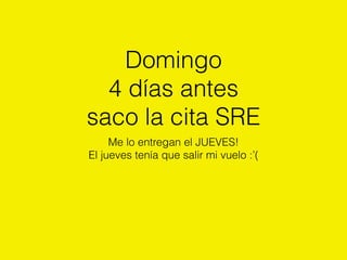 Domingo
4 días antes
saco la cita SRE
Me lo entregan el JUEVES!
El jueves tenía que salir mi vuelo :’(
 