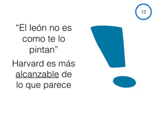 “El león no es
como te lo
pintan”
Harvard es más
alcanzable de
lo que parece
12
 