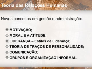 Sala de montagem de terminais:
>>> análise da relação entre a Organização Informal dos
Operários e a Organização Formal da Fábrica
 Grupo experimental numa sala especial com condições de
trabalho idênticas às do departamento.
 Um observador dentro da sala e um entrevistador fora a
entrevistar o grupo.
 Sistema de pagamento baseado na produção do grupo. O
salário só poderia ser maior se a produção total aumentasse.
 O observador pôde notar que os operários dentro da sala
usavam uma porção de artimanhas – logo que os operários
atingiam o que julgavam ser a sua produção normal, reduziam
o ritmo de trabalho.
Experiência de Hawthorne – 4.ª Fase
 