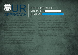 Our approach to Creative Media and Technology is to
Conceptualize, Visualize and Realize the Brand Vision
of our clients based on creating informed opinions
through critical needs analysis and key partner interviews
with the aid of creative and engaging presentations.
This innovative approach to developing Visual Interactive
communications and deployment, and our experience in
work, enhances Megaheadz's capabilities to eﬀectively
manage the perception of key audiences.
Adherence to stringent ethical standards, as well as the
use of creative design and development tools make
Megaheadz capable of optimally satisfying the creative
and technological needs of its clients.
APPROACH
UR CONCEPTUALIZE
VISUALIZE
REALIZE
We have provided a full range of Web, Visual, Social and
Digital Media, Content marketing, mobile services and
Solutions to various businesses for over 10 years.
Our experience helps to deﬁne the best online strategy to
serve your Web, Brand Design, Multimedia, Online Marketing
and sales needs.
We always split projects in phases and would like to oﬀer the same
approach for your company as well.
 