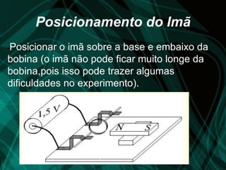 Posicionamento do Imã
Posicionar o imã sobre a base e embaixo da
•

bobina (o imã não pode ficar muito longe da
bobina,pois isso pode trazer algumas
dificuldades no experimento).
 