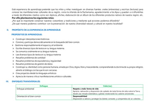 Está experiencia de aprendizaje pretende que los niños y niñas investiguen en diversas fuentes: orales (entrevistas) y escritas (lecturas) para
conocer las manifestaciones culturales de su región, como la ofrenda de la Pachamama, agradecimiento a los Apus y puedan a sí difundirlas
a través de diferentes medios como son dípticos, afiches, elaboración de un álbum de los diferentes productos nativos de nuestra región, etc.
Por ello planteamos los siguientes retos:
¿Por qué es importante conservar nuestras costumbres y tradiciones y mediante qué acciones podemos difundirla?
¿De qué manera podemos contribuir con la preservación de nuestra diversidad natural y cultural en nuestra localidad?
II. PROPÓSITO DE LA EXPERIENCIA DE APRENDIZAJE
PROPOSITOS DE APRENDIZAJE:
 Construye interpretaciones históricas
 Convive y participa democráticamente en la búsqueda del bien común.
 Gestiona responsablemente el espacioy el ambiente
 Escribe diversos tipos de textos en su lengua materna.
 Se comunica oralmente en su lengua materna.
 Lee diversos tipos de textos en su lengua materna
 Resuelve problemas de cantidad
 Resuelve problemas de equivalencia y regularidad
 Resuelve problemas de gestión de datos
 Construye su identidad como persona humana, amada por Dios, digna, libre y trascendente, comprendiendo la doctrina de su propia religión,
abierto al diálogocon las que le son cercanas
 Crea proyectos desde los lenguajes artísticos
 Aprecia de manera crítica manifestaciones artístico-culturales
III. ENFOQUES TRANSVERSALES:
Enfoque Valor(es)
Enfoque ambiental Respeto a toda forma de vida
Aprecio, valoración y disposición de cuidado de toda forma de vida sobre la Tierra
desde una mirada sistemática y global, revalorando los saberes ancestrales
Orientación al bien común Responsabilidad
Disposición a valorar y proteger los bienes comunes y compartidos de un colectivo
 