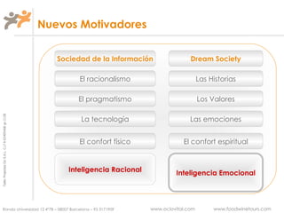 Nuevos Motivadores Sociedad de la Información Dream   Society La tecnología El pragmatismo El racionalismo El confort físico Inteligencia   Racional Las emociones Los Valores Las Historias El confort espiritual Inteligencia   Emocional 