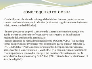 ¡CÓMO TE QUIERO COLOMBIA!
-Desde el punto de vista de la integralidad del ser humano, se tuvieron en
cuenta las dimensiones: socio afectiva (actitudes), cognitiva (conocimientos)
y físico-creativa (habilidades).
-En este proceso se empleó la escalera de la retroalimentación porque nos
ayuda a crear una cultura y ofrecer apoyo constructivo en la aplicación
mejorada del ambiente de aprendizaje
-incluye criterios de retroalimentación como SUGERENCIAS (“Se pueden
tomar dos periodos e involucrar más contenidos que se puedan articular”),
INQUIETUDES (“Podría considerar alargar los tiempos e incluir visitas a
sitios acordes a las actividades”), VALORAR (“Se creó un clima de confianza”,
”Fue importante e innovador el origen del nombre”, ”Felicitaciones por la
articulación, bien pensado”) y ACLARAR (”No entiendo la articulación con el
área de religión”).
 