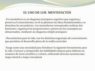 EL USO DE LOS MENTEFACTOS
-Un mentefacto es un diagrama jerárquico cognitivo que organiza y
preserva el conocimiento, en él se plasman las ideas fundamentales y se
desechan las secundarias. Los mentefactos conceptuales realizan dos
funciones: organizan las proposiciones y preservan los conceptos así
almacenados, mediante un diagrama simple jerárquico
-Herramientas para la vida: son los distintos engranajes de conocimiento
que permiten el desarrollo pleno de la malla curricular.
-Surge como una necesidad para fortalecer la siguiente herramienta para
la vida: Conocer y comprender las habilidades básicas para elaborar un
resumen de texto científico y crónico, utilizando diversas nemotecnias:
mapa mental y mapa conceptual.
 
