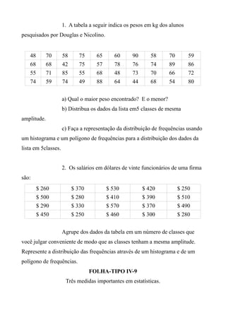 1. A tabela a seguir indica os pesos em kg dos alunos
pesquisados por Douglas e Nicolino.
48 70 58 75 65 60 90 58 70 59
68 68 42 75 57 78 76 74 89 86
55 71 85 55 68 48 73 70 66 72
74 59 74 49 88 64 44 68 54 80
a) Qual o maior peso encontrado? E o menor?
b) Distribua os dados da lista em5 classes de mesma
amplitude.
c) Faça a representação da distribuição de frequências usando
um histograma e um polígono de frequências para a distribuição dos dados da
lista em 5classes.
2. Os salários em dólares de vinte funcionários de uma firma
são:
$ 260 $ 370 $ 530 $ 420 $ 250
$ 500 $ 280 $ 410 $ 390 $ 510
$ 290 $ 330 $ 570 $ 370 $ 490
$ 450 $ 250 $ 460 $ 300 $ 280
Agrupe dos dados da tabela em um número de classes que
você julgar conveniente de modo que as classes tenham a mesma amplitude.
Represente a distribuição das frequências através de um histograma e de um
polígono de frequências.
FOLHA-TIPO IV-9
Três medidas importantes em estatísticas.
 