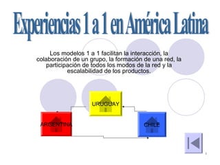 1
Los modelos 1 a 1 facilitan la interacción, la
colaboración de un grupo, la formación de una red, la
participación de todos los modos de la red y la
escalabilidad de los productos.
URUGUAY
ARGENTINA CHILE
 