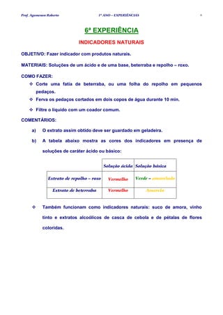 Prof. Agamenon Roberto                   1º ANO – EXPERIÊNCIAS                   6




                                 6ª EXPERIÊNCIA
                              INDICADORES NATURAIS

OBJETIVO: Fazer indicador com produtos naturais.

MATERIAIS: Soluções de um ácido e de uma base, beterraba e repolho – roxo.

COMO FAZER:
           Corte uma fatia de beterraba, ou uma folha do repolho em pequenos
           pedaços.
           Ferva os pedaços cortados em dois copos de água durante 10 min.

           Filtre o líquido com um coador comum.

COMENTÁRIOS:

      a)     O extrato assim obtido deve ser guardado em geladeira.

      b)     A tabela abaixo mostra as cores dos indicadores em presença de

             soluções de caráter ácido ou básico:


                                            Solução ácida Solução básica


                Extrato de repolho – roxo     Vermelho      Verde – amarelado

                  Extrato de beterraba        Vermelho           Amarela



             Também funcionam como indicadores naturais: suco de amora, vinho

             tinto e extratos alcoólicos de casca de cebola e de pétalas de flores

             coloridas.
 