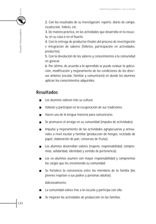 México
                                                                      Experiencias pedagógicas: voces y miradas




                             2. Con los resultados de su investigación: reporte, diario de campo,
                             recolección, folleto, etc.
Escuela Telesecundaria



                             3. De manera práctica, en las actividades que desarrolla en la escue-
                             la, en su casa o en el huerto.
                             4. Con la entrega de productos finales del proceso de investigación
                             e integración de saberes (folletos, participación en actividades,
                             productos).
                             5. Con la devolución de los saberes y conocimientos a la comunidad
                             en general.
                             6. Por último, de acuerdo a lo aprendido se puede evaluar la aplica-
                             ción, modificación y mejoramiento de las condiciones de los diver-
                             sos ámbitos (escolar, familiar y comunitario) en donde los alumnos
                             aplican los conocimientos adquiridos.


                         Resultados
                             Los alumnos valoran más su cultura.

                             Valoran y participan en la recuperación de sus tradiciones.

                             Hacen uso de la lengua materna para comunicarse.

                             Se promueve el arraigo en su comunidad (impulso de actividades).

                             Impulso y mejoramiento de las actividades agropecuarias y artesa-
                             nales a nivel escolar y familiar (producción de hongos, reciclado de
                             papel, elaboración de pan, conservas de frutas).

                             Los alumnos desarrollan valores (respeto, responsabilidad, compro-
                             miso, solidaridad, identidad y sentido de pertenencia).

                             Los ex-alumnos asumen con mayor responsabilidad y compromiso
                             los cargos que les encomienda su comunidad.

                             Se fortalece la convivencia entre los miembros de la familia (los
                             jóvenes respetan a sus padres y personas adultas).

                             Adicionalmente:

                             La comunidad valora más a la escuela y participa con ella.

                             Se mejoran las actividades de producción en las familias.
132
 