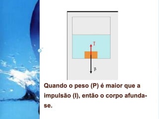 Quando o peso (P) é maior que a impulsão (I), então o corpo afunda-se.