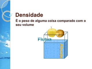 DensidadeÉ o peso de alguma coisa comparado com o seu volumeFlutuaAfunda