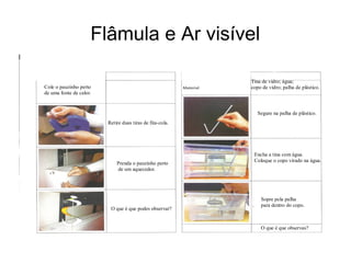 Flâmula e Ar visível
Cole o pauzinho perto
de uma fonte de calor.
Retire duas tiras de fita-cola.
Prenda o pauzinho perto
de um aquecedor.
O que é que podes observar?
Tina de vidro; água;
copo de vidro; palha de plástico.
Segure na palha de plástico.
Encha a tina com água.
Coloque o copo virado na água.
Sopre pela palha
para dentro do copo.
O que é que observas?
 