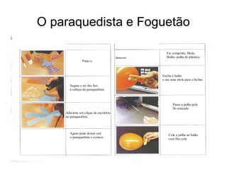O paraquedista e Foguetão
Pinte-o.
Segure o nó dos fios
à cabeça do paraquedista.
Adicione um clique de escritório
ao paraquedista.
Agora pode deixar cair
o paraquedista e comece
o divertimento.
Fio comprido; Mola;
Balão; palha de plástico;
Fita-cola;
Encha o balão
e use uma mola para o fechar.
Passe a palha pelo
fio esticado.
Cole a palha ao balão
com fita-cola.
Liberte a mola do balão.
 