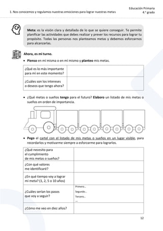 1. Nos conocemos y regulamos nuestras emociones para lograr nuestras metas
12
Educación Primaria
4.o
grado
Meta: es la visión clara y detallada de lo que se quiere conseguir. Te permite
planificar las actividades que debes realizar y prever los recursos para lograr tu
propósito. Todas las personas nos planteamos metas y debemos esforzarnos
para alcanzarlas.
Ahora, es mi turno.
 Pienso en mí misma o en mí mismo y planteo mis metas.
¿Qué es lo más importante
para mí en este momento?
¿Cuáles son los intereses
o deseos que tengo ahora?
 ¿Qué metas o sueños tengo para el futuro? Elaboro un listado de mis metas o
sueños en orden de importancia.
 Pego el cartel con el listado de mis metas o sueños en un lugar visible, para
recordarlos y motivarme siempre a esforzarme para lograrlos.
¿Qué necesito para
el cumplimiento
de mis metas o sueños?
¿Con qué valores
me identificaré?
¿En qué tiempo voy a lograr
mi meta? (1, 2, 5 o 10 años)
¿Cuáles serían los pasos
que voy a seguir?
Primero…
Segundo…
Tercero…
…
¿Cómo me veo en diez años?
 