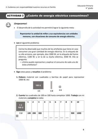2. Cuidamos con responsabilidad nuestros recursos en familia
6
Educación Primaria
4.° grado
¡Empecemos!
 El desarrollo de la actividad me permitirá lograr la siguiente meta:
 Leo el siguiente problema:
 Sigo estos pasos y resuelvo el problema:
1. Elaboro material con cuadrados y barritas de papel para representar
1000 W. Así:
2. Cuento los cuadrados de 100 en 100 hasta completar 1000. Trabajo con mi
material y completo la tabla:
1 2 3 4 5 6 7 8 9 10
1 U 100 200 300
..... ..... ..... ..... .....
900 1000
ACTIVIDAD 3 ¿Cuánto de energía eléctrica consumimos?
Representar la unidad de millar y sus equivalencias con unidades
menores, con situaciones de consumo de energía eléctrica.
100 U
1 C 1 D 1 U
Corina ha observado que muchos de los artefactos que tiene en casa
consumen una gran cantidad de energía eléctrica. En la etiqueta de
su olla arrocera, por ejemplo, dice 1000 W; en la etiqueta del horno
eléctrico, 1100 W; y en la de su ducha eléctrica, 3500 W. Ella se
pregunta:
— ¿Cómo puedo representar y explicar el consumo de cada uno de
estos artefactos?
1 C
100 U
 