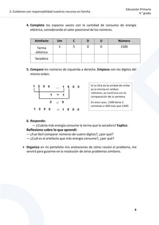 2. Cuidamos con responsabilidad nuestros recursos en familia
9
Educación Primaria
4.° grado
4. Completo los espacios vacíos con la cantidad de consumo de energía
eléctrica, considerando el valor posicional de los números.
Artefacto Um C D U Número
Terma
eléctrica
1 5 0 0 1500
Secadora
5. Comparo los números de izquierda a derecha. Empiezo con los dígitos del
mismo orden.
6. Respondo:
— ¿Cuánta más energía consume la terma que la secadora? Explico.
Reflexiono sobre lo que aprendí:
— ¿Fue fácil comparar números de cuatro dígitos?, ¿por qué?
— ¿Cuál es el artefacto que más energía consume?, ¿por qué?
 Organizo en mi portafolio mis anotaciones de cómo resolví el problema, me
servirá para guiarme en la resolución de otros problemas similares.
 