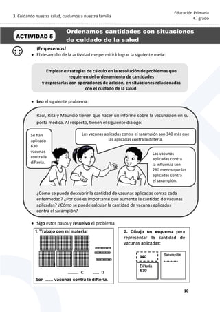 3. Cuidando nuestra salud, cuidamos a nuestra familia
10
Educación Primaria
4.°
grado
¡Empecemos!
 El desarrollo de la actividad me permitirá lograr la siguiente meta:
 Leo el siguiente problema:
Raúl, Rita y Mauricio tienen que hacer un informe sobre la vacunación en su
posta médica. Al respecto, tienen el siguiente diálogo:
¿Cómo se puede descubrir la cantidad de vacunas aplicadas contra cada
enfermedad? ¿Por qué es importante que aumente la cantidad de vacunas
aplicadas? ¿Cómo se puede calcular la cantidad de vacunas aplicadas
contra el sarampión?
 Sigo estos pasos y resuelvo el problema.
ACTIVIDAD 5
Ordenamos cantidades con situaciones
de cuidado de la salud
Emplear estrategias de cálculo en la resolución de problemas que
requieren del ordenamiento de cantidades
y expresarlas con operaciones de adición, en situaciones relacionadas
con el cuidado de la salud.
Las vacunas aplicadas contra el sarampión son 340 más que
las aplicadas contra la difteria.
Las vacunas
aplicadas contra
la influenza son
280 menos que las
aplicadas contra
el sarampión.
Se han
aplicado
630
vacunas
contra la
difteria.
 