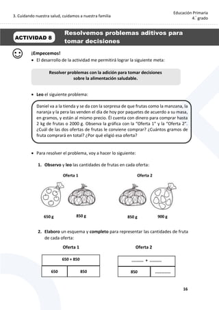 3. Cuidando nuestra salud, cuidamos a nuestra familia
16
Educación Primaria
4.°
grado
¡Empecemos!
 El desarrollo de la actividad me permitirá lograr la siguiente meta:
 Leo el siguiente problema:
Daniel va a la tienda y se da con la sorpresa de que frutas como la manzana, la
naranja y la pera las venden el día de hoy por paquetes de acuerdo a su masa,
en gramos, y están al mismo precio. Él cuenta con dinero para comprar hasta
2 kg de frutas o 2000 g. Observa la gráfica con la “Oferta 1” y la “Oferta 2”.
¿Cuál de las dos ofertas de frutas le conviene comprar? ¿Cuántos gramos de
fruta comprará en total? ¿Por qué eligió esa oferta?
 Para resolver el problema, voy a hacer lo siguiente:
1. Observo y leo las cantidades de frutas en cada oferta:
2. Elaboro un esquema y completo para representar las cantidades de fruta
de cada oferta:
Oferta 1 Oferta 2
ACTIVIDAD 8
Resolvemos problemas aditivos para
tomar decisiones
Resolver problemas con la adición para tomar decisiones
sobre la alimentación saludable.
650 g 850 g 850 g 900 g
Oferta 1 Oferta 2
650 850
650 + 850
850 .............
.......... + ..........
 