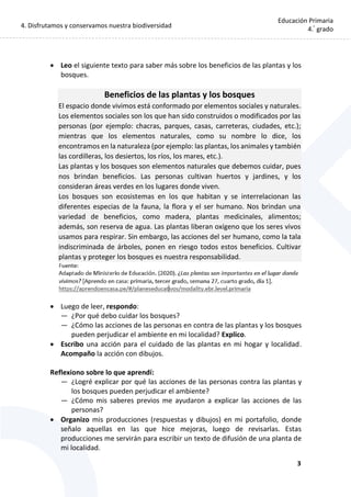4. Disfrutamos y conservamos nuestra biodiversidad
3
Educación Primaria
4.°
grado
 Leo el siguiente texto para saber más sobre los beneficios de las plantas y los
bosques.
Beneficios de las plantas y los bosques
El espacio donde vivimos está conformado por elementos sociales y naturales.
Los elementos sociales son los que han sido construidos o modificados por las
personas (por ejemplo: chacras, parques, casas, carreteras, ciudades, etc.);
mientras que los elementos naturales, como su nombre lo dice, los
encontramos en la naturaleza (por ejemplo: las plantas, los animales y también
las cordilleras, los desiertos, los ríos, los mares, etc.).
Las plantas y los bosques son elementos naturales que debemos cuidar, pues
nos brindan beneficios. Las personas cultivan huertos y jardines, y los
consideran áreas verdes en los lugares donde viven.
Los bosques son ecosistemas en los que habitan y se interrelacionan las
diferentes especias de la fauna, la flora y el ser humano. Nos brindan una
variedad de beneficios, como madera, plantas medicinales, alimentos;
además, son reserva de agua. Las plantas liberan oxígeno que los seres vivos
usamos para respirar. Sin embargo, las acciones del ser humano, como la tala
indiscriminada de árboles, ponen en riesgo todos estos beneficios. Cultivar
plantas y proteger los bosques es nuestra responsabilidad.
 Luego de leer, respondo:
— ¿Por qué debo cuidar los bosques?
— ¿Cómo las acciones de las personas en contra de las plantas y los bosques
pueden perjudicar el ambiente en mi localidad? Explico.
 Escribo una acción para el cuidado de las plantas en mi hogar y localidad.
Acompaño la acción con dibujos.
Reflexiono sobre lo que aprendí:
— ¿Logré explicar por qué las acciones de las personas contra las plantas y
los bosques pueden perjudicar el ambiente?
— ¿Cómo mis saberes previos me ayudaron a explicar las acciones de las
personas?
 Organizo mis producciones (respuestas y dibujos) en mi portafolio, donde
señalo aquellas en las que hice mejoras, luego de revisarlas. Estas
producciones me servirán para escribir un texto de difusión de una planta de
mi localidad.
 