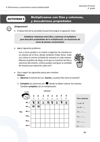 4. Disfrutamos y conservamos nuestra biodiversidad
10
Educación Primaria
4.°
grado
¡Empecemos!
 El desarrollo de la actividad me permitirá lograr la siguiente meta:
 Leo el siguiente problema:
Luis y Jenny ayudan a su mamá a organizar las macetas en
un estante de la feria, donde venderán lindas flores. Cada
uno coloca la misma cantidad de macetas en cada estante.
Observa el gráfico de abajo, en el que se muestran las filas y
columnas del estante. ¿Cómo pueden averiguar la cantidad
de macetas que colocarán cada uno?
 Voy a seguir los siguientes pasos para resolver:
Primero
1. Observo el estante de Luis. Cuento, ¿cuántas filas tiene el estante?
2. Completo las columnas con donde se deben colocar las macetas.
También completo con la multiplicación.
Establecer relaciones entre filas y columnas al multiplicar
para descubrir propiedades de la multiplicación, en situaciones de
venta de plantas ornamentales.
ACTIVIDAD 5
Multiplicamos con filas y columnas,
y descubrimos propiedades
Fila x columna
1 x 8 = 8
2 x 8 = …..
3 x … = …..
4 x … = …..
5 x … = …..
6 x … = …..
 